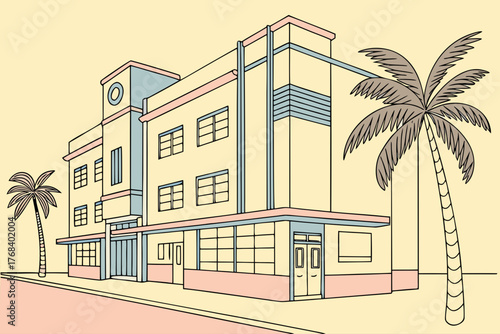 Minimal vector of Miami Art Deco pastel building street
