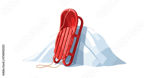 A vibrant red sled rests against a snowdrift, promising winter fun and snowy adventures for all ages. Classic winter scene.