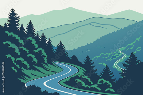 Flat modern design of Blue Ridge Parkway scenic mountain road
