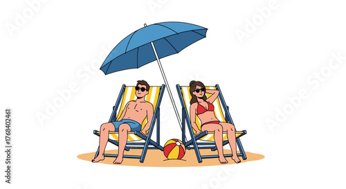Couple relaxing on a sandy beach in deck chairs, enjoying the sun under an umbrella, with a colorful ball nearby.