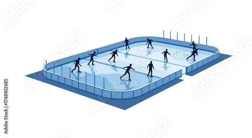 Isometric view of a busy ice skating rink, silhouetted figures gliding across the ice, enclosed by barriers. Active scene.