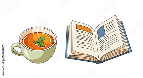 An open book lies beside a cup of steaming tea, promising a soothing, relaxing escape into a world of stories.