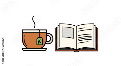 A relaxing scene featuring an open book next to a steaming cup of tea, inviting you to unwind and enjoy the moment.