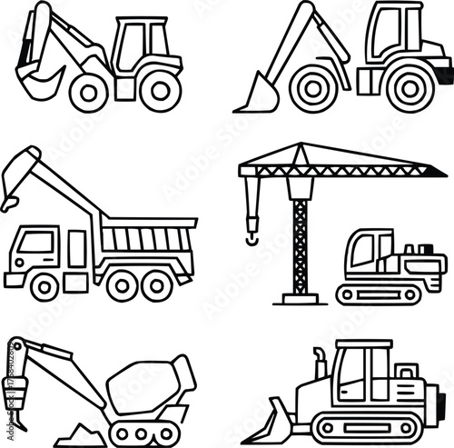 Construction Fleet Equipment Outline Icons Industrial Hauling, Digging, and Lifting Machines