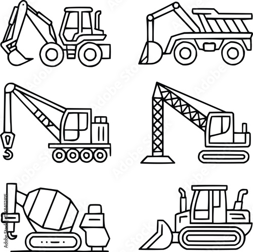 Construction Fleet Equipment Outline Icons Industrial Hauling, Digging, and Lifting Machines