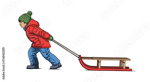 A child is seen in the middle of the image pulling a red wooden sled. The child is dressed for cold weather.