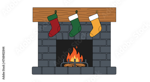 A cozy fireplace with three colorful stockings hanging above it, set for the arrival of Santa Claus or a winter holiday.