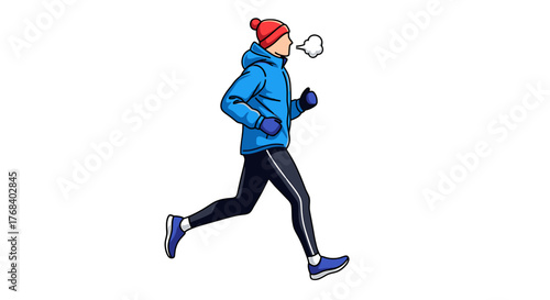 A person running in the cold wearing a coat, hat, and gloves, with visible breath indicating the chilly air.