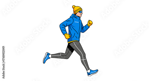 Illustration of a man running outdoors in cold weather gear, emphasizing an active and healthy lifestyle pursuit.