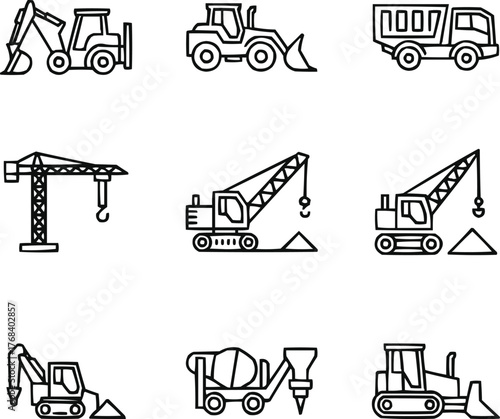 Construction Fleet Equipment Outline Icons Industrial Hauling, Digging, and Lifting Machines