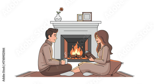 A cozy scene of a couple enjoying a warm fire, hot drink, and reading in a charming and relaxed setting.