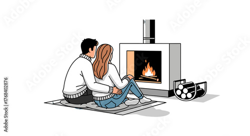 A couple shares a cozy moment by a modern fireplace, feeling the warmth together on a soft rug in their comforting home.