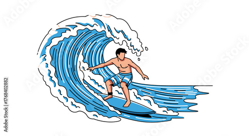 A stylized cartoon drawing shows a surfer riding a wave with blue and white tones against a transparent background.