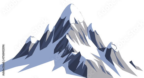 Cartoon-style mountain range illustration featuring snow-capped peaks and jagged edges in gray and light blue tones.