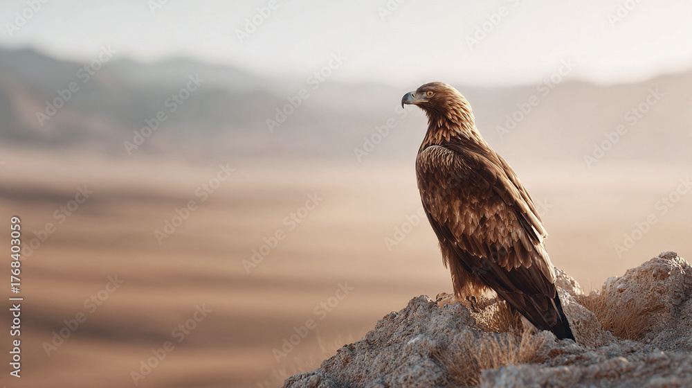 Fototapeta premium Majestic golden eagle perched on a rocky outcrop against a soft, hazy desert backdrop. Represents freedom, power, and vision. Ideal for nature, wildlife, or inspirational themes.