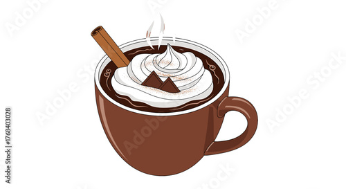 A steaming mug of rich hot cocoa topped with whipped cream, chocolate squares, and a cinnamon stick for extra flavor.