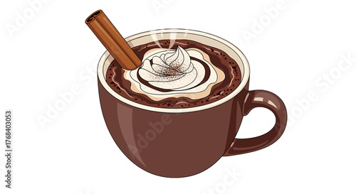 A steaming mug of rich hot chocolate, topped with whipped cream and a cinnamon stick, offers cozy indulgence.