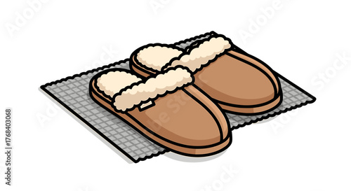 A pair of comfy slippers with plush interiors are neatly arranged on a gray, textured mat, promising relaxation.