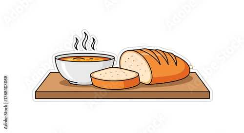 A comforting bowl of steaming soup paired with fresh bread on a wooden cutting board ready for a cozy meal.