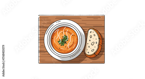 A comforting bowl of tomato soup accompanied by a slice of crusty bread, presented on a rustic wooden board.