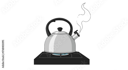 Silver kettle on a stove with blue flame and visible steam rising, poised for tea or coffee preparation.