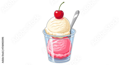 Delicious ice cream sundae with strawberry and vanilla scoops, garnished with a ripe red cherry on top.