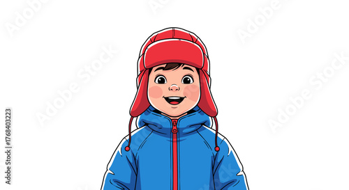 A cheerful cartoon boy sports a red winter hat and a blue coat, radiating warmth and innocence in winter wear.
