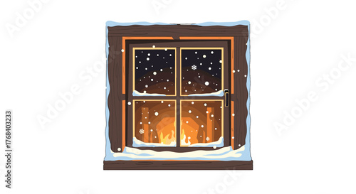 A cozy winter scene looking through a snow-covered window at a warm, inviting fireplace on a snowy night. 