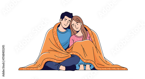 A cozy vector illustration of a young couple sitting together, wrapped in an orange blanket, sharing a warm moment.