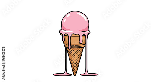 Vector-style drawing of a pink ice cream cone with melting details on a transparent background. Delicious and tempting treat.