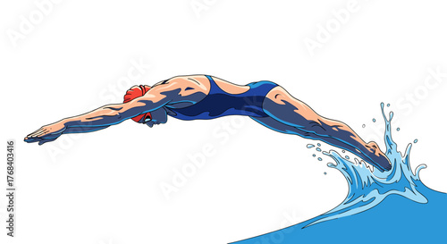 Flat 2D illustration of a swimmer diving into blue water, captured mid-air with limbs outstretched, displaying athleticism.