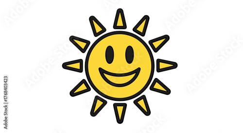 A sunny cartoon vector illustration with a radiant smiling face, radiating warmth and cheerful vibes on a transparent background.