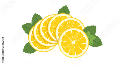 Bright and zesty lemon slices arranged with fresh green mint leaves in a flat 2D design that creates a vibrant image.