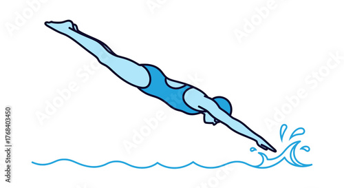 A diver jumps into a pool. She is wearing a blue swimsuit and cap. Water splashes as she enters the water.