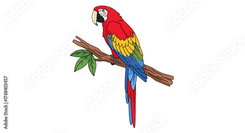 Vividly colored macaw perches gracefully on a branch with leaves, set against a stark transparent background in 2D.