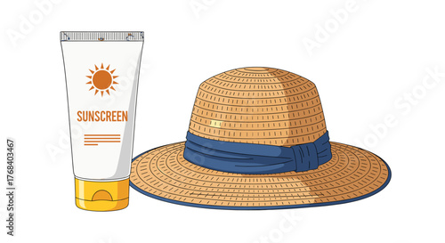 A straw sun hat with a blue ribbon and a tube of sun screen on a transparent background offer sun protection.