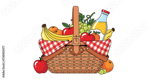 A vector-style picnic basket overflowing with apples, oranges, bananas, grapes, and a bottle of juice for a fun outdoor meal.