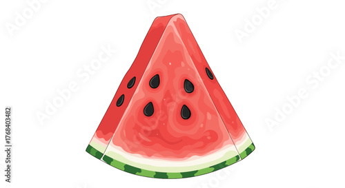 A vibrant vector art of a slice of watermelon, featuring a triangle-shaped juicy treat with visible black seeds.
