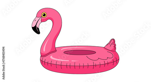 Cartoon flamingo pool float in bright pink with simple transparent background; a vibrant summer swimming accessory.