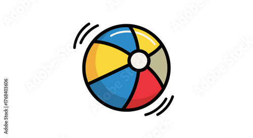 A vibrant, colorful beach ball, segmented in red, blue, yellow, and tan, set against a stark transparent background. 