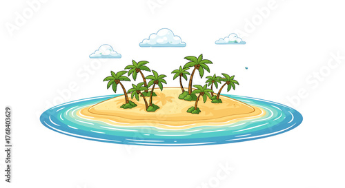 A serene island paradise awaits, framed by fluffy white clouds and swaying palm trees, surrounded by a tranquil sea.