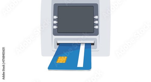 A digital image of a blue credit card being inserted into an ATM cash machine, in a simplistic illustration. 