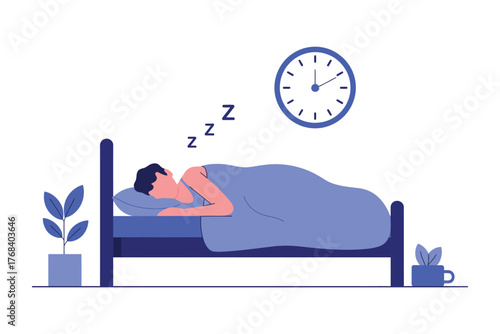 A person sleeps peacefully in bed under a blue blanket as a clock shows bedtime.