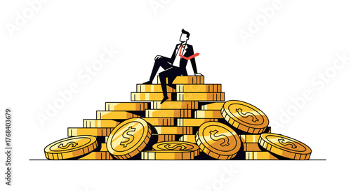 A businessman in a suit sits relaxed atop a large pile of gold coins, a symbolic representation of wealth and success.