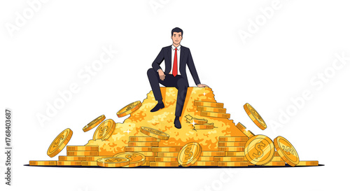 Cartoon depiction of a businessman confidently sitting on a big pile of golden coins, symbolizing financial success.