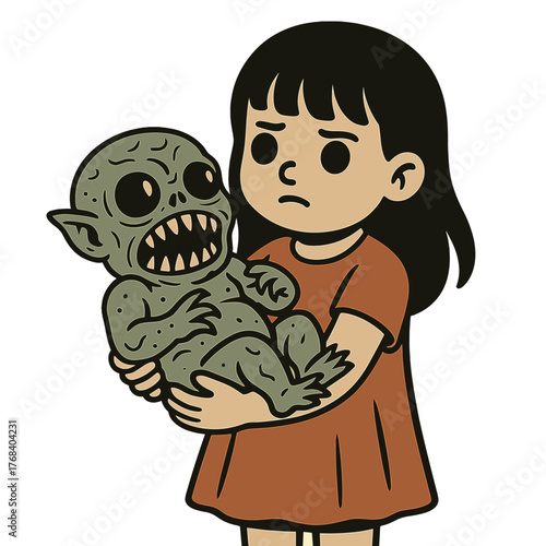 A small girl with dark hair cradles a creepy baby monster with sharp teeth