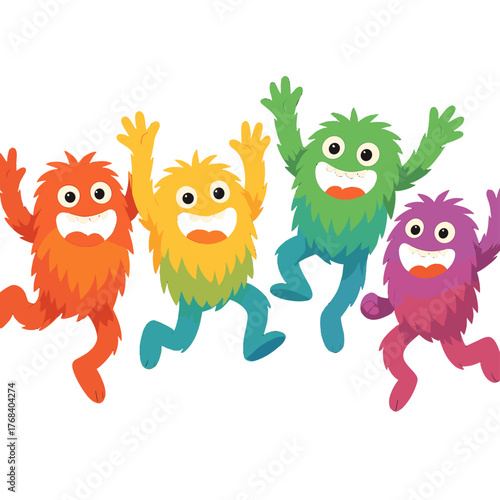 A cluster of colorful, furry monsters leaping energetically against a black backdrop, rendered in high‑definition realism