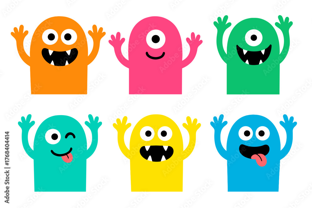 Fototapeta premium Happy Halloween! This set features a colorful monster silhouette head icon with eyes, fangs, tongue, and raised hands—a cute, kawaii, scary, and funny baby character on a white background in flat