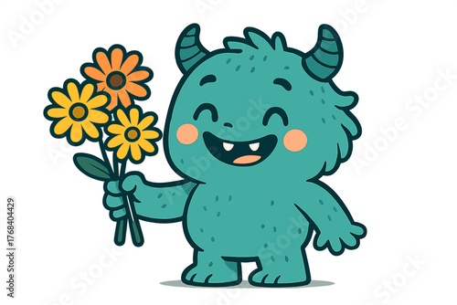 A studio portrait of a cheerful female baby monster holding flowers, produced using  technology