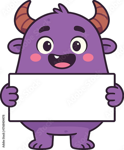A charming purple monster character holding a white blank sign in front of a yellow backdrop